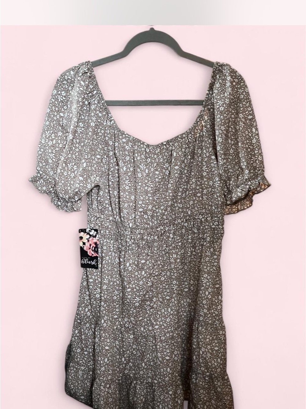 Floral Puff-Sleeve Mini Dress in Taupe
